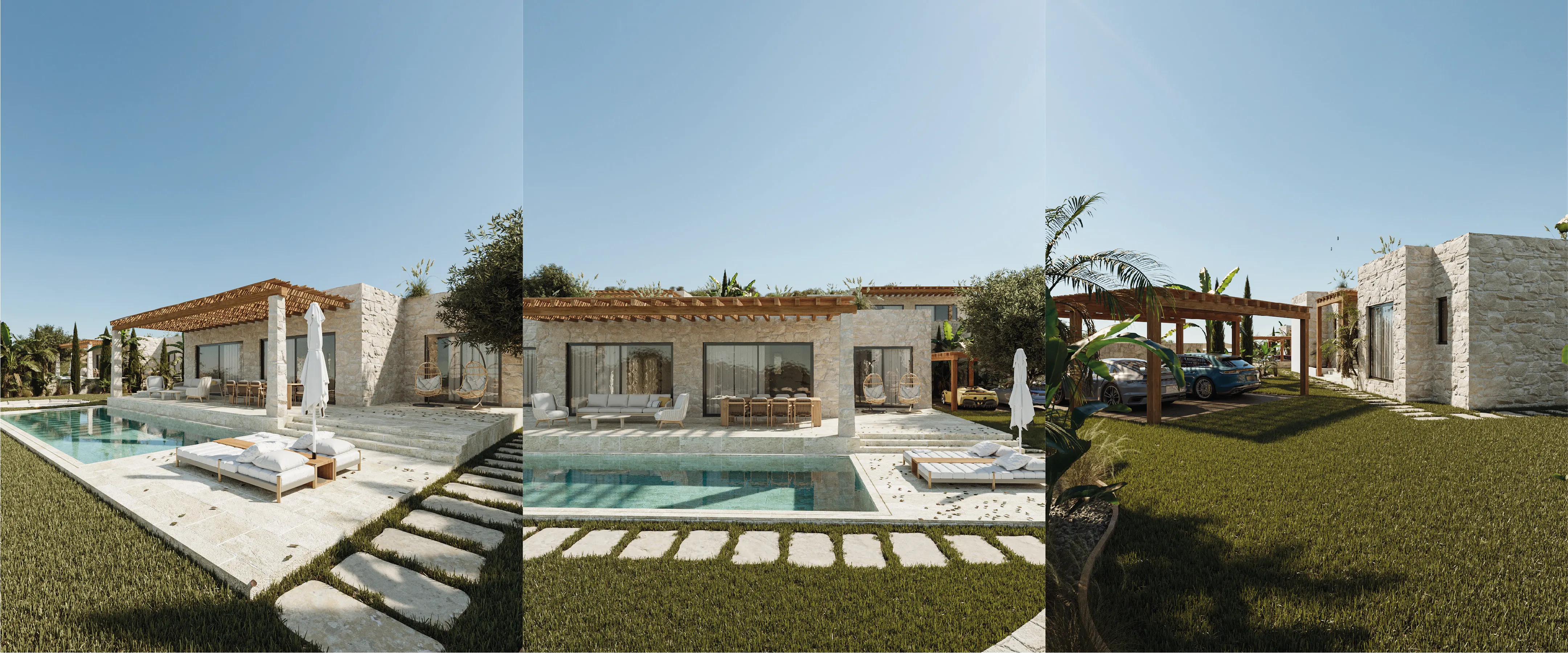 Altın saatte aydınlatılmış havuzlu premium villa